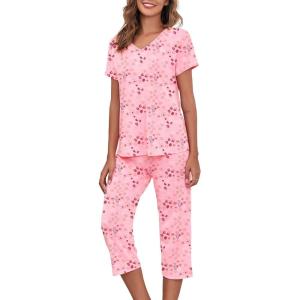 imageAmerican Trends Womens Pajama Sets Two Piece Sleep Shirt Short Sleeve Cartoon Print Pj Set Tops with Capri Pants SleepwearPink Floral