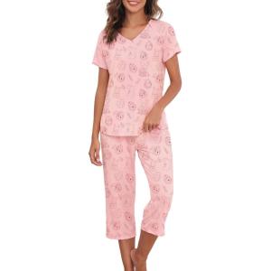 imageAmerican Trends Womens Pajama Sets Two Piece Sleep Shirt Short Sleeve Cartoon Print Pj Set Tops with Capri Pants SleepwearPink Rabbit
