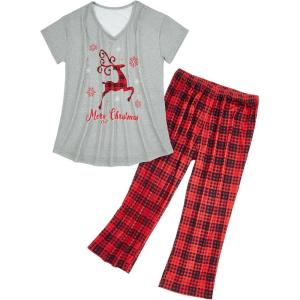 imageAmerican Trends Womens Pajama Sets Two Piece Sleep Shirt Short Sleeve Cartoon Print Pj Set Tops with Capri Pants SleepwearPlaid Elk