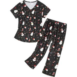 imageAmerican Trends Womens Pajama Sets Two Piece Sleep Shirt Short Sleeve Cartoon Print Pj Set Tops with Capri Pants SleepwearSnowman on Black