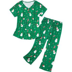 imageAmerican Trends Womens Pajama Sets Two Piece Sleep Shirt Short Sleeve Cartoon Print Pj Set Tops with Capri Pants SleepwearSnowman on Green