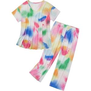 imageAmerican Trends Womens Pajama Sets Two Piece Sleep Shirt Short Sleeve Cartoon Print Pj Set Tops with Capri Pants SleepwearTie Dye Color