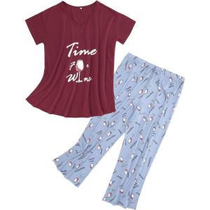 imageAmerican Trends Womens Pajama Sets Two Piece Sleep Shirt Short Sleeve Cartoon Print Pj Set Tops with Capri Pants SleepwearWine Glass With Red Bottom