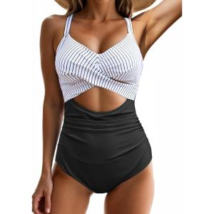 imageOne Piece Swimsuit Women Tummy Control Bathing Suit for Women Cutout High Waisted Cross Stripes SwimsuitsBlack Striped