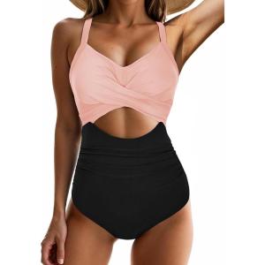 imageOne Piece Swimsuit Women Tummy Control Bathing Suit for Women Cutout High Waisted Cross Stripes SwimsuitsNude Black