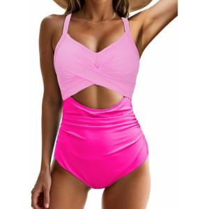 imageOne Piece Swimsuit Women Tummy Control Bathing Suit for Women Cutout High Waisted Cross Stripes SwimsuitsPink
