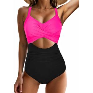 imageOne Piece Swimsuit Women Tummy Control Bathing Suit for Women Cutout High Waisted Cross Stripes SwimsuitsPink Black