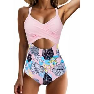 imageOne Piece Swimsuit Women Tummy Control Bathing Suit for Women Cutout High Waisted Cross Stripes SwimsuitsPink Print
