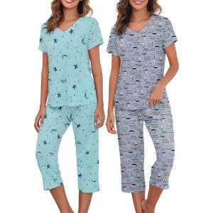 imageAmerican Trends 2 Pack Cotton Pajamas for Women Set Two Piece Short Sleeve Sleepwear Tops with Capri Pants Summer Pj SetSet1
