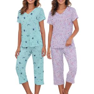 imageAmerican Trends 2 Pack Cotton Pajamas for Women Set Two Piece Short Sleeve Sleepwear Tops with Capri Pants Summer Pj SetSet2