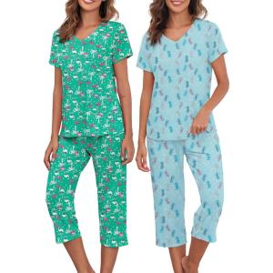 imageAmerican Trends 2 Pack Cotton Pajamas for Women Set Two Piece Short Sleeve Sleepwear Tops with Capri Pants Summer Pj SetSet3