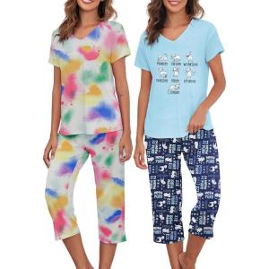 imageAmerican Trends 2 Pack Cotton Pajamas for Women Set Two Piece Short Sleeve Sleepwear Tops with Capri Pants Summer Pj SetSet4