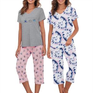 imageAmerican Trends 2 Pack Cotton Pajamas for Women Set Two Piece Short Sleeve Sleepwear Tops with Capri Pants Summer Pj SetSet5