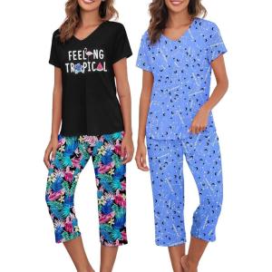 imageAmerican Trends 2 Pack Cotton Pajamas for Women Set Two Piece Short Sleeve Sleepwear Tops with Capri Pants Summer Pj SetSet6