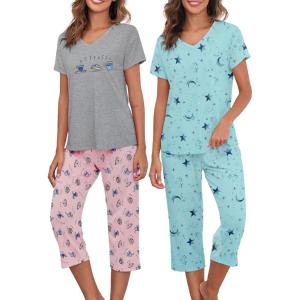 imageAmerican Trends 2 Pack Cotton Pajamas for Women Set Two Piece Short Sleeve Sleepwear Tops with Capri Pants Summer Pj SetSet7