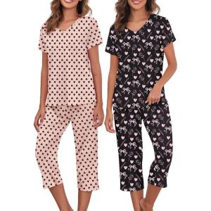 imageAmerican Trends 2 Pack Cotton Pajamas for Women Set Two Piece Short Sleeve Sleepwear Tops with Capri Pants Summer Pj SetSet8