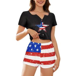 imageAmerican Trends Pajamas Set for Women 2 Piece Button Down Short Sleeve Pj Set Cute Pajamas Floral Sleepwear loungewear setAmerican Flag