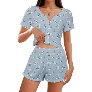 imageAmerican Trends Pajamas Set for Women 2 Piece Button Down Short Sleeve Pj Set Cute Pajamas Floral Sleepwear loungewear setBlue White Flower