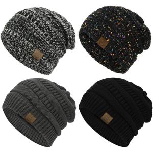 imageAmerican Trends Winter Hats for Women 4 Pack Beanie Hats Caps Knit Chunky Slouchy Beanie HatsBlackdeep Greyblack Grey Mixblack Dot