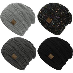 imageAmerican Trends Winter Hats for Women 4 Pack Beanie Hats Caps Knit Chunky Slouchy Beanie HatsBlackdeep Greylight Greyblack Dot
