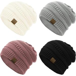 imageAmerican Trends Winter Hats for Women 4 Pack Beanie Hats Caps Knit Chunky Slouchy Beanie HatsBlacklight Greywhitepink