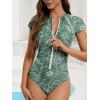 imageAmerican Trends One Piece Swimsuit Womens Short Sleeve Swimsuits 2025 Bathing Suit Mock Neck Zipper Rash Guard SwimsuitGreen Floral