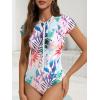 imageAmerican Trends One Piece Swimsuit Womens Short Sleeve Swimsuits 2025 Bathing Suit Mock Neck Zipper Rash Guard SwimsuitWhite Tropocal