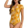 imageAmerican Trends One Piece Swimsuit Womens Short Sleeve Swimsuits 2025 Bathing Suit Mock Neck Zipper Rash Guard SwimsuitYellow Floral