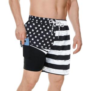 imageAmerican Trends Mens Swim Trunks with Compression Liner Quick Dry Swimsuits Mens Bathing Suit SwimwearBlack White American Flag