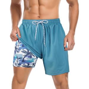 imageAmerican Trends Mens Swim Trunks with Compression Liner Quick Dry Swimsuits Mens Bathing Suit SwimwearBlue Coconut Tree