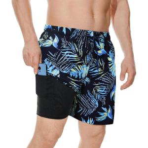 imageAmerican Trends Mens Swim Trunks with Compression Liner Quick Dry Swimsuits Mens Bathing Suit SwimwearBlue Palm Leaf