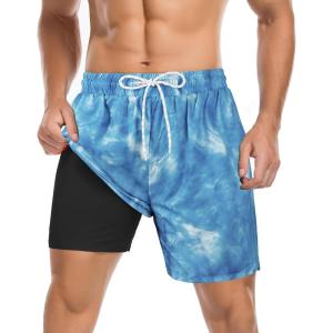 imageAmerican Trends Mens Swim Trunks with Compression Liner Quick Dry Swimsuits Mens Bathing Suit SwimwearBlue Tie Dye