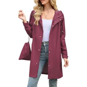 imageAmerican Trends Packable Waterproof Rain Jacket Women with Hood Raincoat Windbreaker Long Hooded Trench Coats S2XL AvailableWine Red