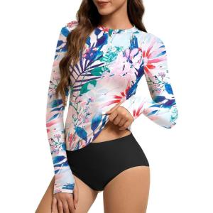 imageAmerican Trends Womens Rash Guard Long Sleeve Swimsuits for Women Two Pieces Mock Neck Zipper Bathing Suit with BottomColorful Floral