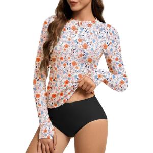 imageAmerican Trends Womens Rash Guard Long Sleeve Swimsuits for Women Two Pieces Mock Neck Zipper Bathing Suit with BottomOrange Floral