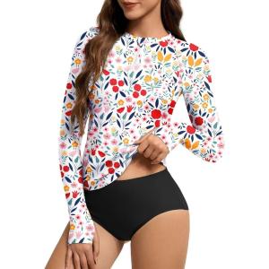 imageAmerican Trends Womens Rash Guard Long Sleeve Swimsuits for Women Two Pieces Mock Neck Zipper Bathing Suit with BottomPink Floral