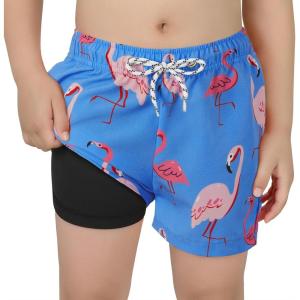 imageBoys Swim Trunks with Boxer Brief Liner Swim Shorts Compression Liner Youth Anti TrunksBlue Flamingo