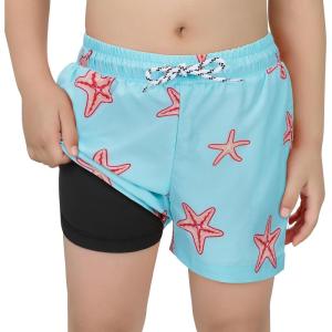 imageBoys Swim Trunks with Boxer Brief Liner Swim Shorts Compression Liner Youth Anti TrunksBlue Starfish