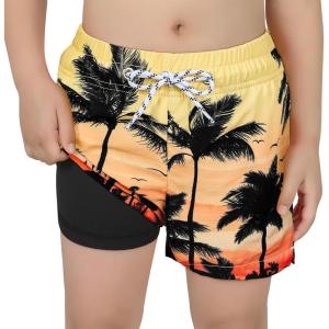 imageBoys Swim Trunks with Boxer Brief Liner Swim Shorts Compression Liner Youth Anti TrunksCoconut Tree