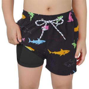 imageBoys Swim Trunks with Boxer Brief Liner Swim Shorts Compression Liner Youth Anti TrunksColorful Shark