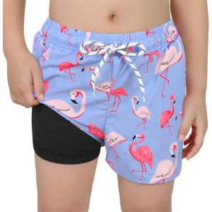 imageBoys Swim Trunks with Boxer Brief Liner Swim Shorts Compression Liner Youth Anti TrunksFlamingo