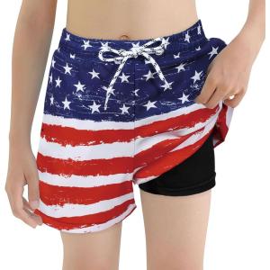 imageBoys Swim Trunks with Boxer Brief Liner Swim Shorts Compression Liner Youth Anti TrunksNational Flag