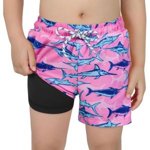 imageBoys Swim Trunks with Boxer Brief Liner Swim Shorts Compression Liner Youth Anti TrunksPink Blue Shark