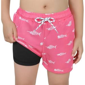 imageBoys Swim Trunks with Boxer Brief Liner Swim Shorts Compression Liner Youth Anti TrunksPink Fishbone