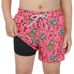 imageBoys Swim Trunks with Boxer Brief Liner Swim Shorts Compression Liner Youth Anti TrunksPink Pineapple