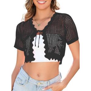 imageWomens Shrug Cardigan Short Sleeve Shrug for Women Knit Cardigans Sweater Cropped Sweaters Crochet Shrugs CardiganBlack