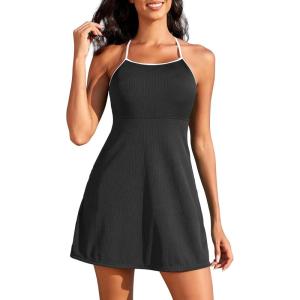 imageAmerican Trends One Piece Swim Dress for Women Swimsuits Tummy Control Modest Bathing Suits Ribbed Swim SkirtBlack