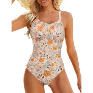 imageOne Piece Swimsuit for Women Tummy Control Bathing Suits Vintage Modest SwimwearOrange Flower