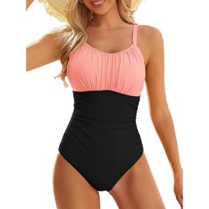 imageOne Piece Swimsuit for Women Tummy Control Bathing Suits Vintage Modest SwimwearPink Black Splice
