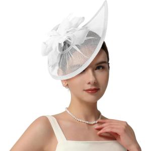 image2025 KentuckyDerby Fascinators Hats for Women Tea Party Hats Headwear Hair Clip for Wedding ChurchA White